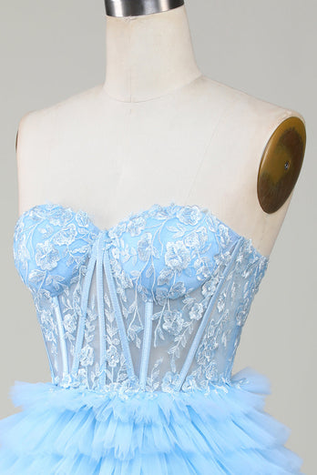 Cute A-Line Sweetheart Blue Corset Short Formal Dress with Ruffles