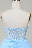 Cute A-Line Sweetheart Blue Corset Short Formal Dress with Ruffles