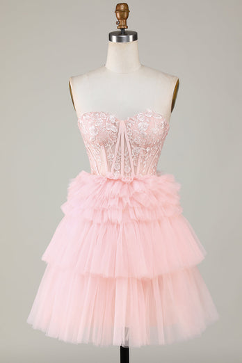 Trendy A-Line Sweetheart Pink Short Formal Dress with Ruffles
