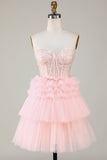 Trendy A-Line Sweetheart Pink Short Formal Dress with Ruffles