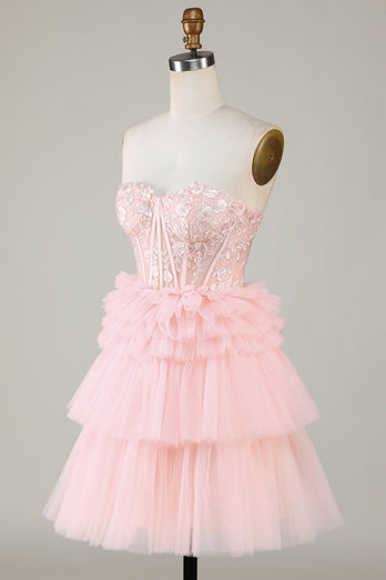 Trendy A-Line Sweetheart Pink Short Formal Dress with Ruffles