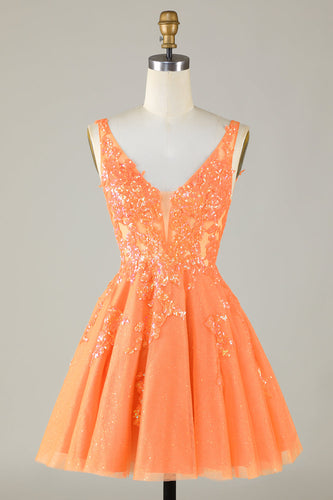 Sparkly Orange A Line Glitter Short Formal Dress with Sequins