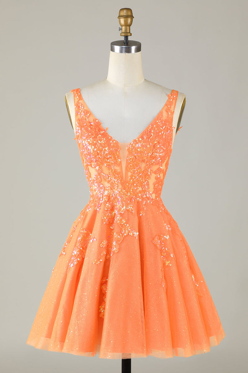 Load image into Gallery viewer, Sparkly Orange A Line Glitter Short Formal Dress with Sequins