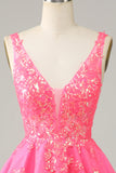 Fuchsia Sequined V Neck Backless Short Cocktail Dress