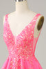 Load image into Gallery viewer, Fuchsia Sequined V Neck Backless Short Cocktail Dress