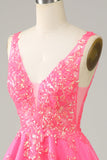 Fuchsia Sequined V Neck Backless Short Cocktail Dress