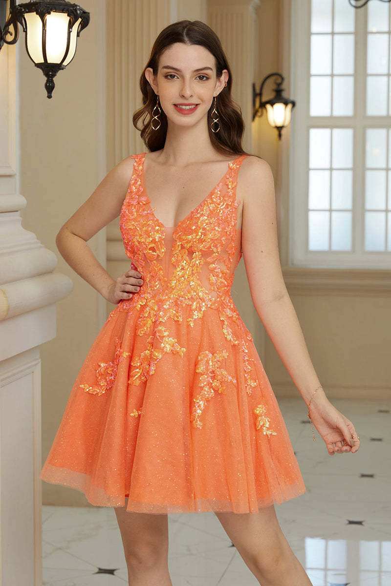Load image into Gallery viewer, Orange A Line Glitter Short Formal Dress with Sequins