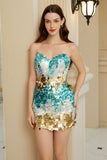 Unique Sheath Spaghetti Straps Blue Sequins Short Formal Dress