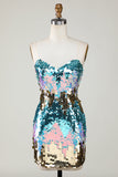 Sparkly Blue Sequined Tight Semi Formal Dress