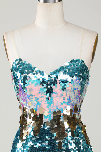 Sparkly Blue Sequined Tight Semi Formal Dress