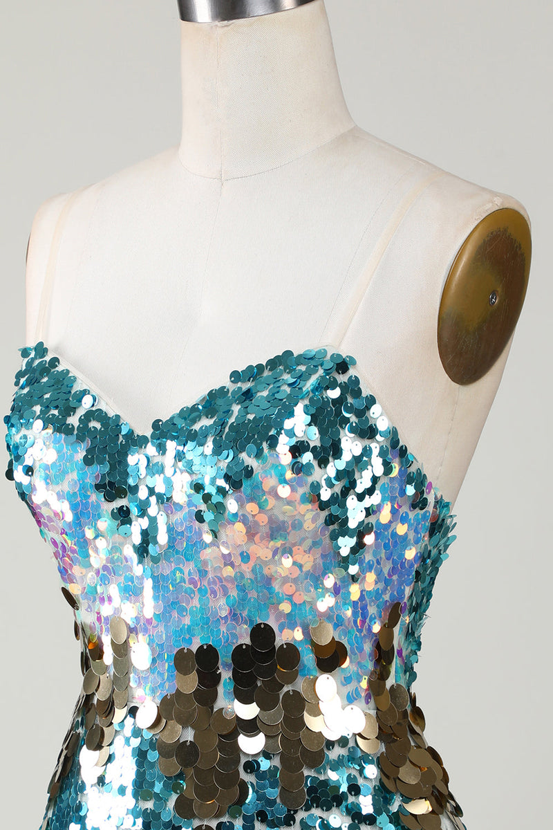 Load image into Gallery viewer, Sparkly Blue Sequined Tight Semi Formal Dress