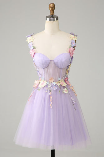 Purple Spaghetti Straps Tulle Short Formal Dress With 3D Flowers