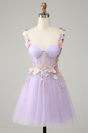 Purple Spaghetti Straps Tulle Short Formal Dress With 3D Flowers