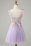 Purple Spaghetti Straps Tulle Short Formal Dress With 3D Flowers