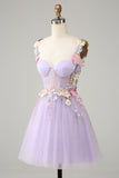 Purple Spaghetti Straps Tulle Short Formal Dress With 3D Flowers