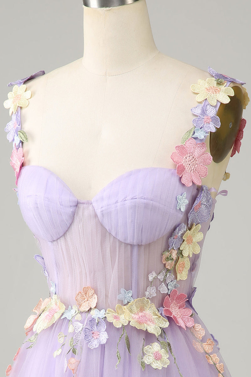 Load image into Gallery viewer, Purple Spaghetti Straps Tulle Short Formal Dress With 3D Flowers