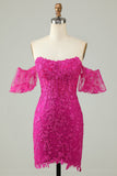 Fuchsia Off the Shoulder Bodycon Appliques Short Formal Dress