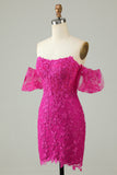 Fuchsia Off the Shoulder Bodycon Appliques Short Formal Dress