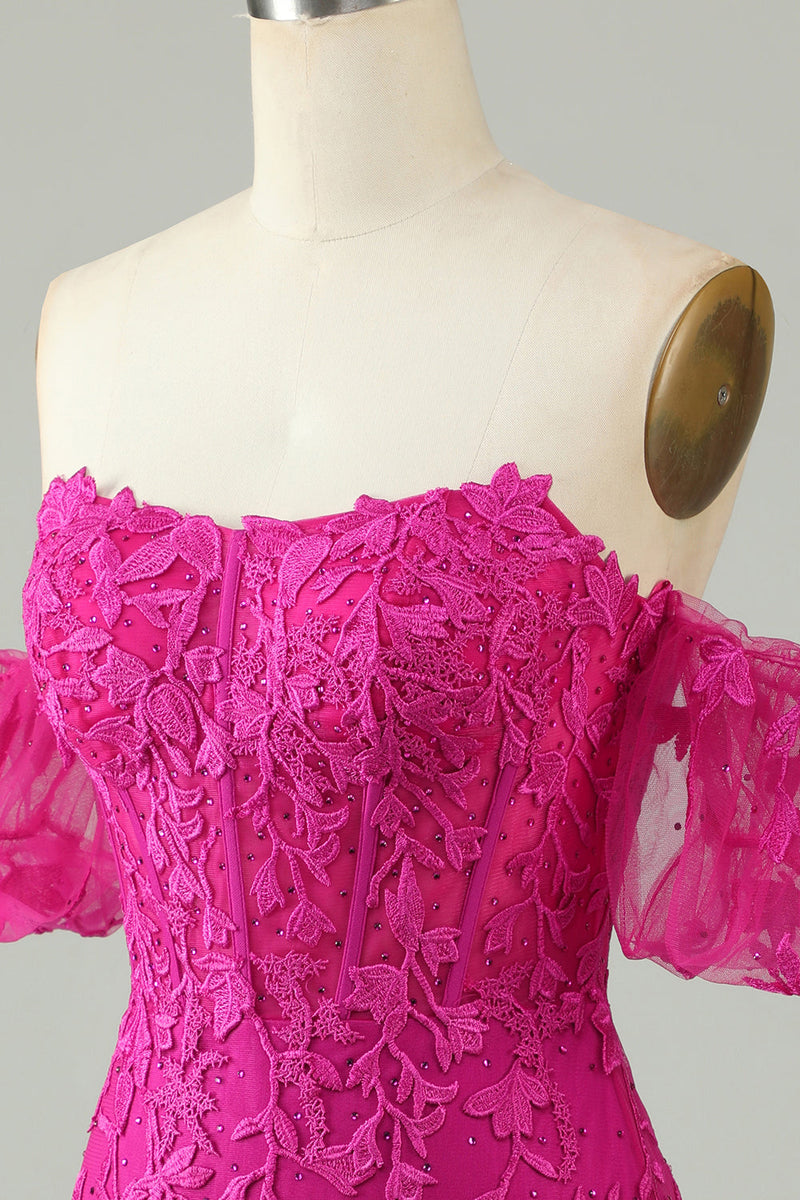 Load image into Gallery viewer, Fuchsia Off the Shoulder Bodycon Appliques Short Formal Dress