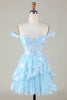 Load image into Gallery viewer, Sparkly Blue Corset Tiered Lace A-Line Short Formal Dress