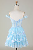 Sparkly Blue Corset Tiered Lace A-Line Short Formal Dress