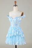 Sparkly Blue Corset Tiered Lace A-Line Short Formal Dress