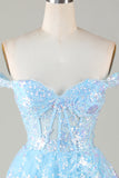 Sparkly Blue Corset Tiered Lace A-Line Short Formal Dress