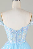 Sparkly Blue Corset Tiered Lace A-Line Short Formal Dress