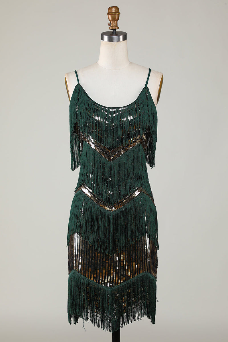 Load image into Gallery viewer, Spaghetti Straps Dark Green Glitter 1920s Dress with Fringes