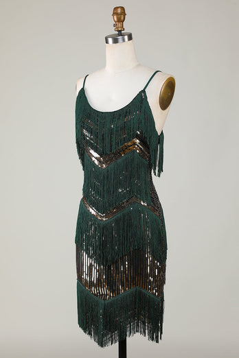 Spaghetti Straps Dark Green Glitter 1920s Dress with Fringes