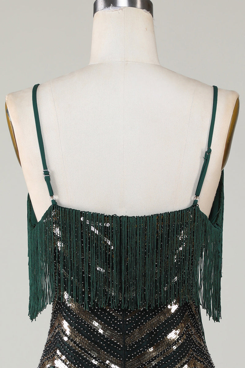 Load image into Gallery viewer, Spaghetti Straps Dark Green Glitter 1920s Dress with Fringes