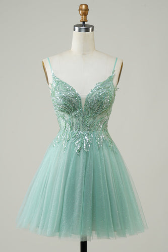 Green A Line Cute Short Formal Dress with Beading