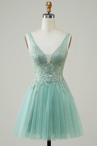A Line Cute Green Short Formal Dress with Appliques