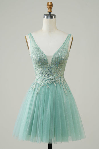 A Line Cute Green Short Formal Dress with Appliques