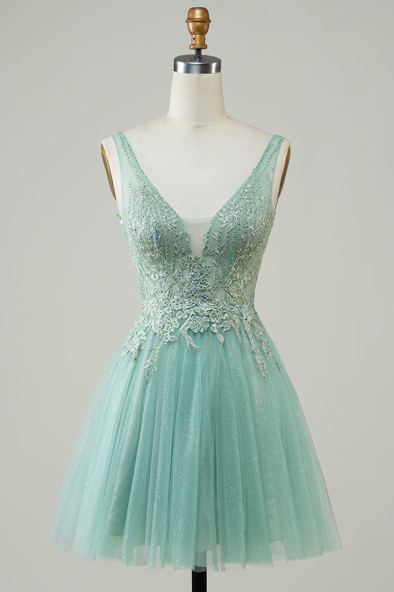 Load image into Gallery viewer, A Line Cute Green Short Formal Dress with Appliques