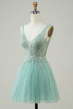 A Line Cute Green Short Formal Dress with Appliques