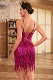 Sheath Spaghetti Straps Fuchsia Sequins 1920s Party Dress with Fringe