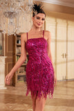 Sheath Spaghetti Straps Fuchsia Sequins 1920s Party Dress with Fringe