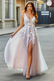 Grey Pink A Line Deep V Neck Long Formal Dress with Appliques