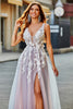 Load image into Gallery viewer, Grey Pink A Line Deep V Neck Long Formal Dress with Appliques