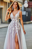 Grey Pink A Line Deep V Neck Long Formal Dress with Appliques