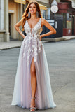 Grey Pink A Line Deep V Neck Long Formal Dress with Appliques