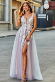 Grey Pink A Line Deep V Neck Long Formal Dress with Appliques