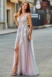 Grey Pink A Line Deep V Neck Long Formal Dress with Appliques