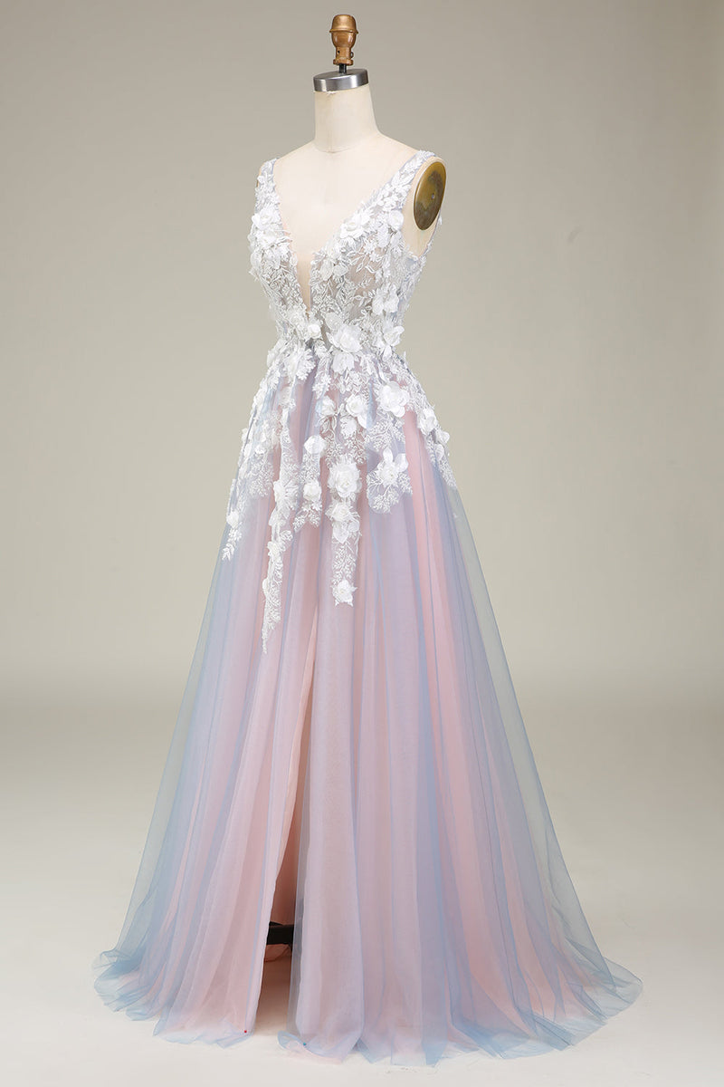 Load image into Gallery viewer, Gorgeous A Line Deep V Neck Grey Pink Long Formal Dress with Appliques