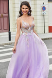 Gorgeous A Line Spaghetti Straps Lilac Long Formal Dress with Appliques