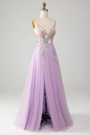 Glitter A-Line Spaghetti Straps Lilac Long Formal Dress with Flowers