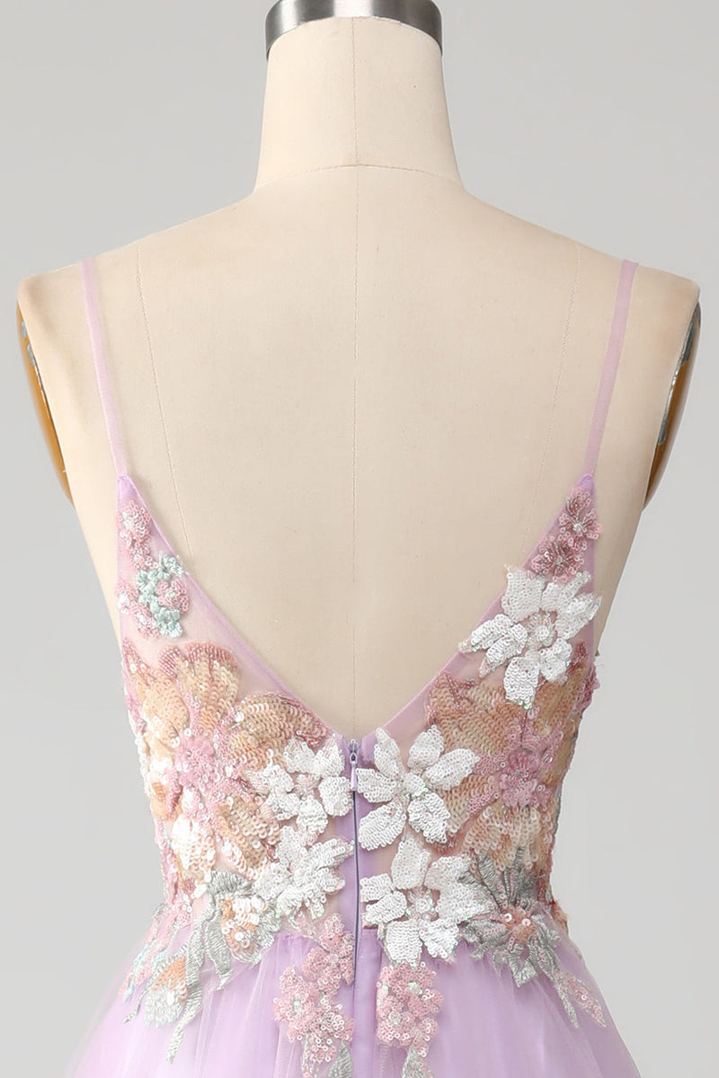 Load image into Gallery viewer, Glitter A-Line Spaghetti Straps Lilac Long Formal Dress with Flowers