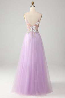Glitter A-Line Spaghetti Straps Lilac Long Formal Dress with Flowers
