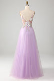 Glitter A-Line Spaghetti Straps Lilac Long Formal Dress with Flowers